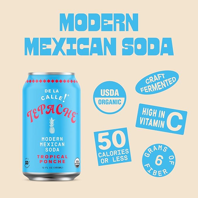De La Calle Tepache - Tropical Ponche - Modern Mexican Soda - Craft Fermented Pineapple Sparkling Beverage - Certified Organic Antioxidant Rich Non-Alcoholic Healthy Soda Low Sugar Low Calorie N