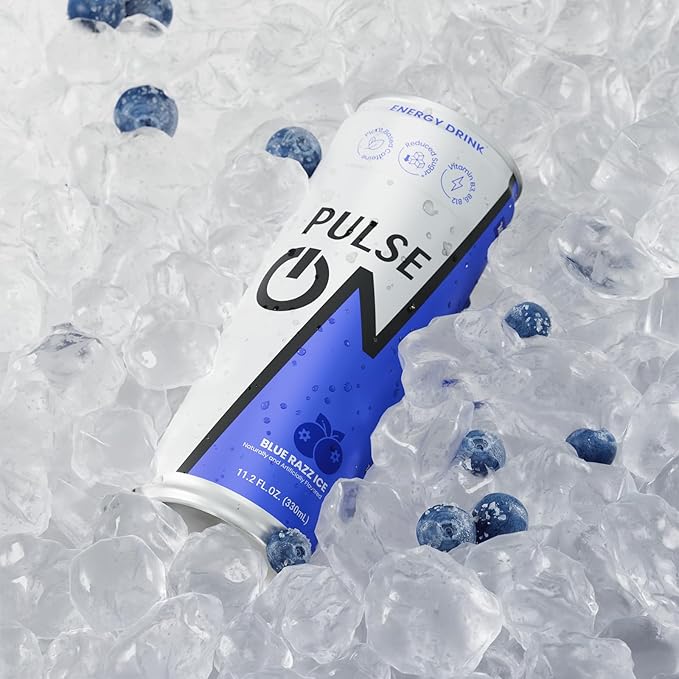 PulseOn Energy Drink- 200mg Natural Caffeine Taurine and Vitamin B|Blue Razz Ice Reduced Sugar 11.2 fl oz((Pack of 24)