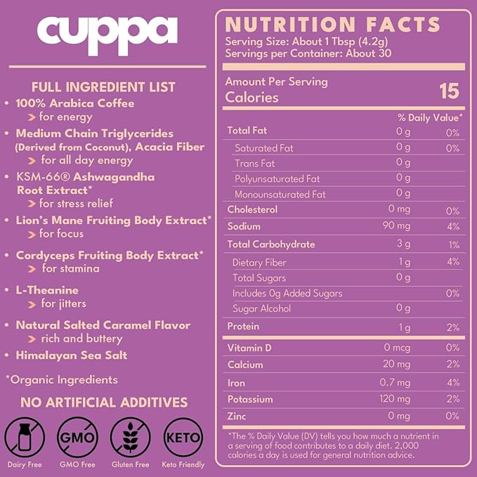 Cuppa Salted Caramel Mushroom Coffee with Adaptogens &amp Superfoods - Lion’s Mane Ashwagandha &amp Cordyceps. Adaptogens + MCT to support natural energy mental focus &amp gut health (30 Servings