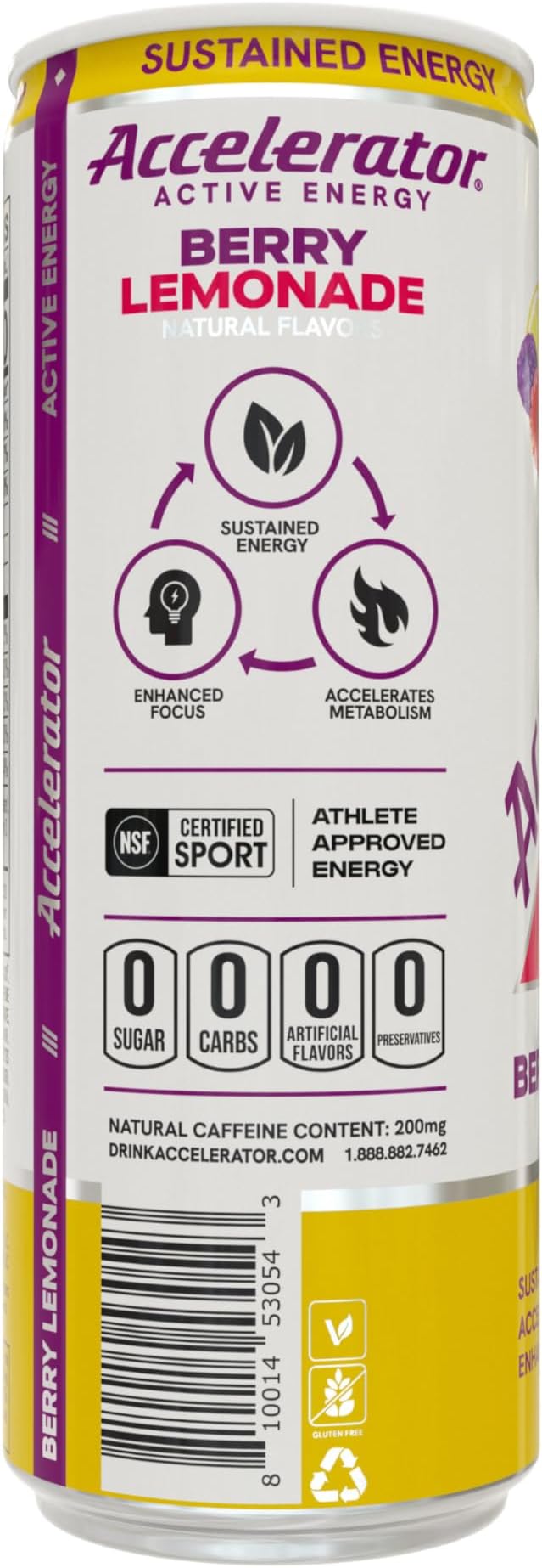 Accelerator Energy Drink Berry Lemonade 12oz can (12 pack) Zero Sugar Sustained Energy from 100% Natural Caffeine (200mg from Green Coffee Bean &amp Green Tea extract)