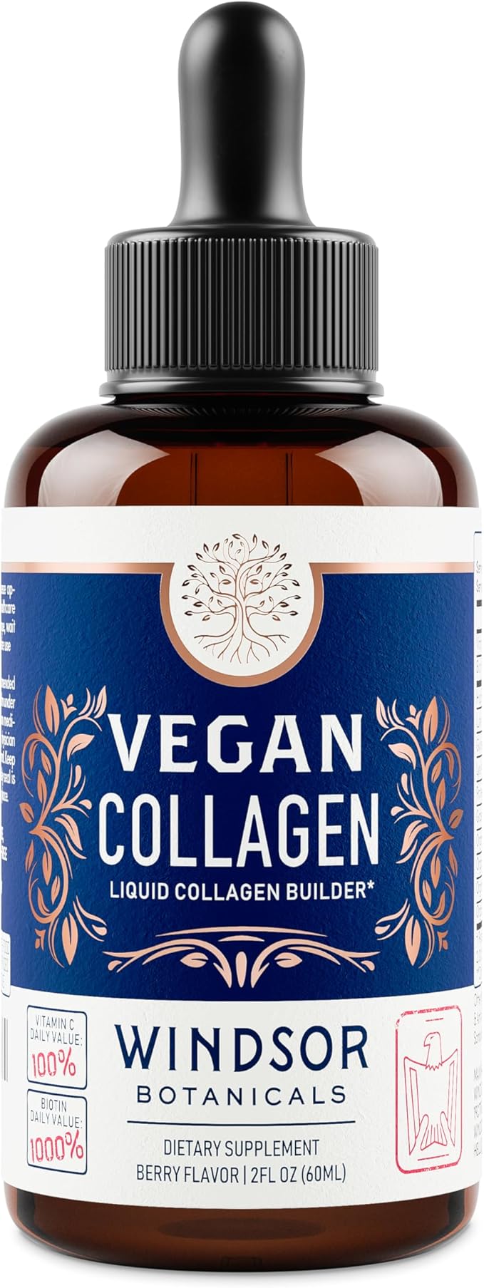 WINDSOR BOTANICALS Vegan Collagen Builder Liquid Supplement - Collagen Booster with Vitamin C Biotin Hyaluronic Acid &amp Amino Acids - Organic Fruit &amp Vegetable Blend - 120ml 60 Day