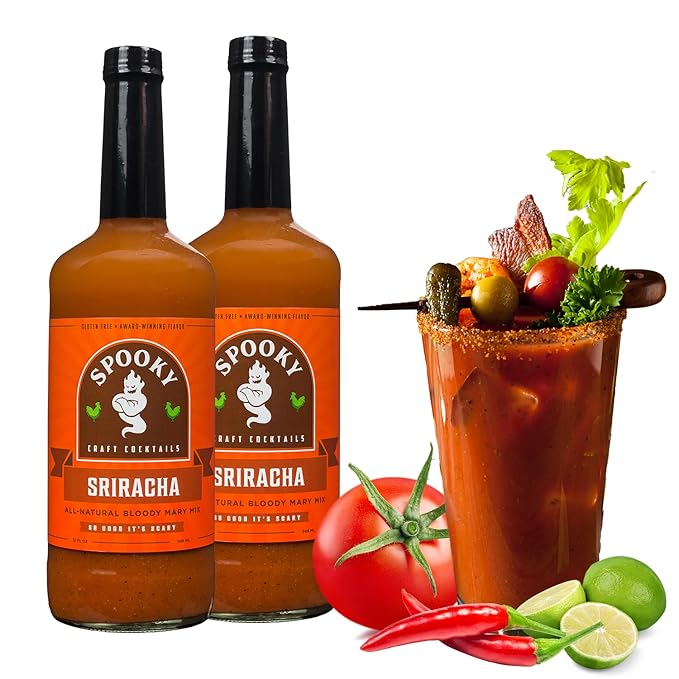 SPOOKY - Sriracha Bloody Mary Mix - Made With All Premium Natural Ingredients - No Artificial Color or Flavor - No Preservative No MSG Low Carb Low Calorie &amp Gluten Free - 32 Oz (Pack of 2)
