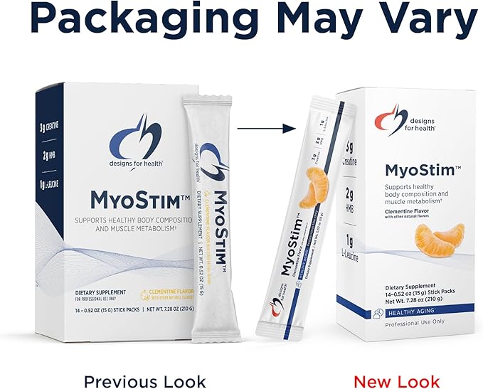 Designs for Health MyoStim - HMB + Collagen Peptides Powder with L-Leucine + Creatine to Support Healthy Aging - May Help Attenuate Age-Related Muscle Loss - Clementine-Flavored Drink (14 Stick Packs)