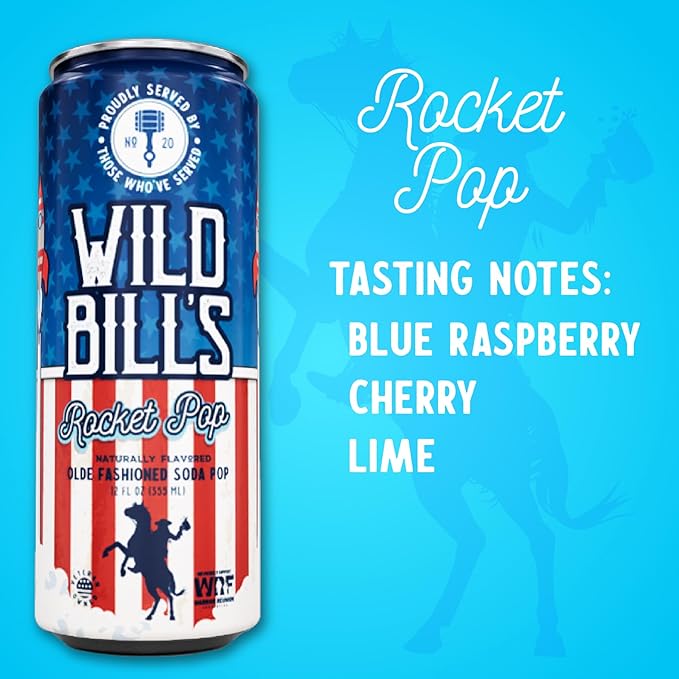Wild Bill's Rocket Pop Soda Classic Craft Soda Pop Soft Drinks Sodas Made with Pure Cane Sugar Caffeine Free NO High Fructose Corn Syrup Gluten Free Vegan Low Sodium 12 Oz 12 Pack