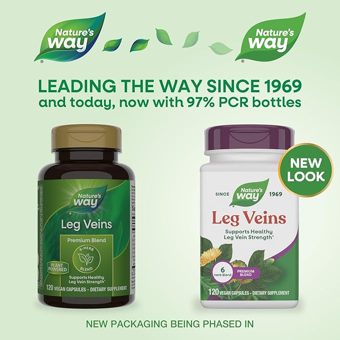 Nature's Way Leg Veins Supports Healthy Leg Vein Strength* 6-Herb Blend With Horse Chestnut Extract Dandelion Gluten Free 120 Vegan Capsules (Packaging May Vary)