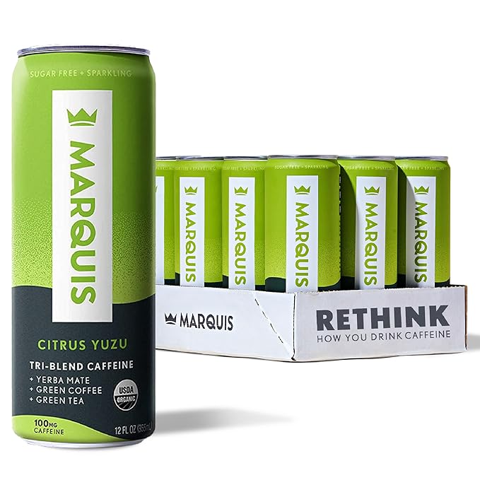 Marquis Natural Energy Drinks Sugar Free Zero Calories - 100mg Organic Plant Based Caffeine Yerba Mate Green Tea &amp Green Coffee - Vitamin C &amp Bs - Citrus Yuzu Healthy Energy Drink - 12oz Cans