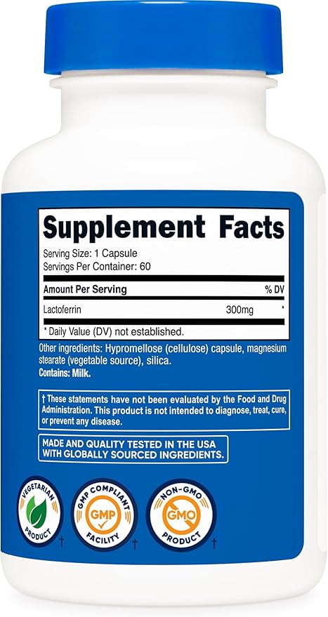 Nutricost Lactoferrin Capsules (60 Capsules 300mg) Third-Party Tested Gluten-Free Vegetarian GMP Compliant Non-GMO Product - 60 Servings