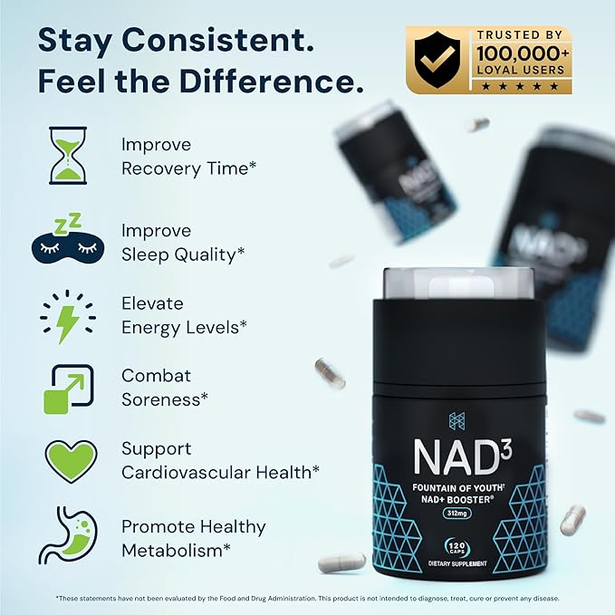 HPN NAD3 Clinical NAD+ Booster Cellular Health &amp Natural Energy - NAD Supplement for Healthy Aging Metabolic Support NRF2 &amp Longevity Nicotinamide Riboside &amp NMN Alternative 120ct 60