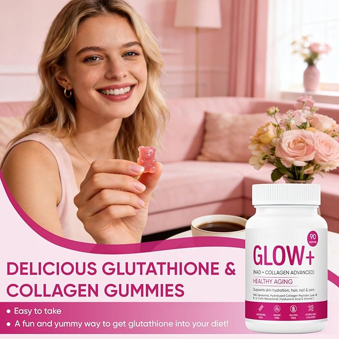 Jovi Glow+ NAD+ &amp Collagen Gummies Multi-Type Hydrolyzed Collagen Peptides Resveratrol Hyaluronicacid Vitaminc Supplement for Skin Hair Nails 90 Count (1 A)