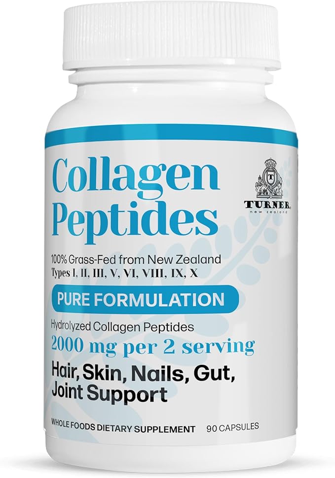 TURNER Collagen Peptides Capsules Pure Formulation 100% Grass-Fed Beef Bone Collagen from New Zealand 90 Capsules