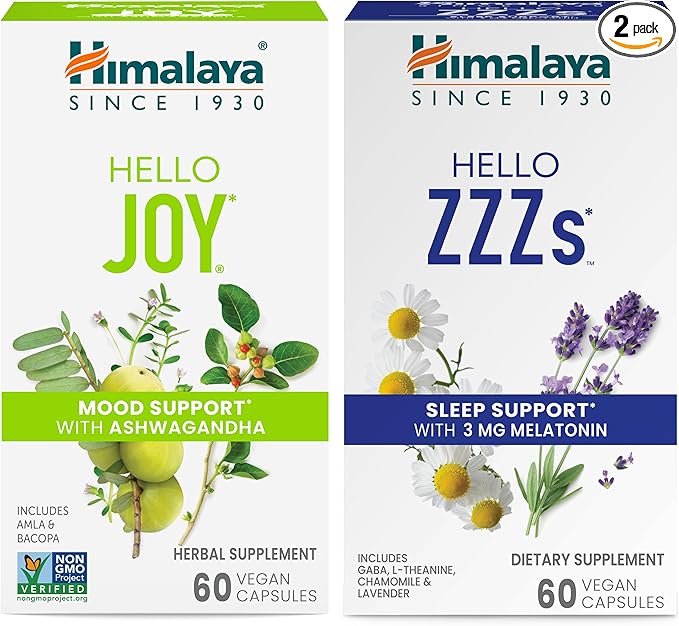 Himalaya Hello Joy with Ashwagandha for Improving Mood and Spirits &amp Hello ZZZs with Melatonin for Sleep Support 60 Capsules Each - Bundle