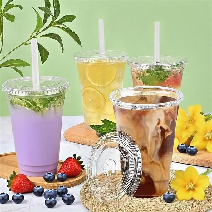 [100 SETS] 32 oz Cups with lids Plastic cups with lids and straws iced coffee cup suitable for takeout iced coffee cold drinks smoothies juices parfaits Frappuccinos and milkshakes.