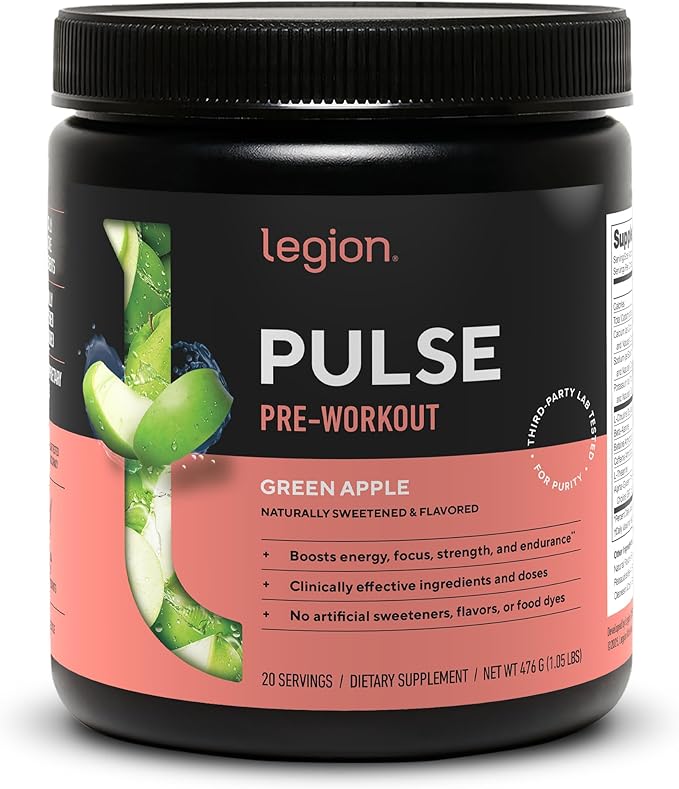 LEGION Pulse Pre Workout - All Natural Nitric Oxide Preworkout Drink to Boost Energy Creatine Free Naturally Sweetened Beta Alanine Citrulline Alpha GPC (Green Apple)