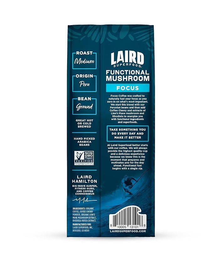 Laird Superfood Focus Coffee Medium Roast Ground Coffee Infused with Functional Mushrooms and Botanical Adaptogens 12 oz. Bag (Pack of 2)