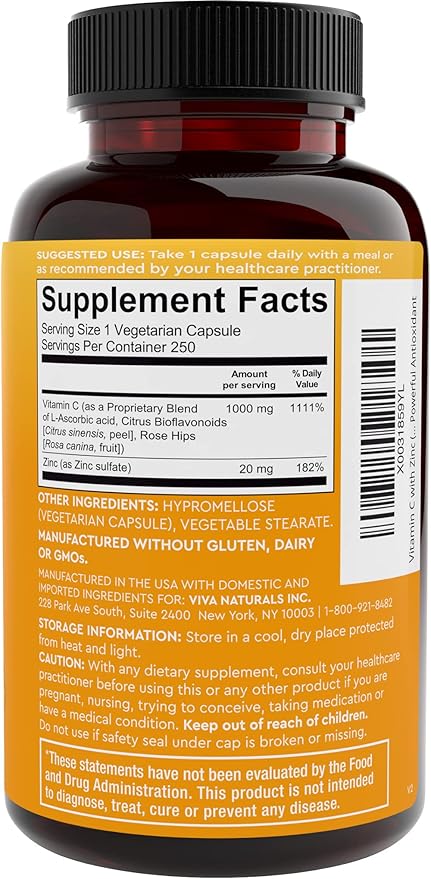Viva Naturals Vitamin C and Zinc Supplement (250 Capsules) - 1000 mg Vitamin C with Zinc 20 mg Antioxidant Supplements for Immune Support Vitamin Supplement for Adults