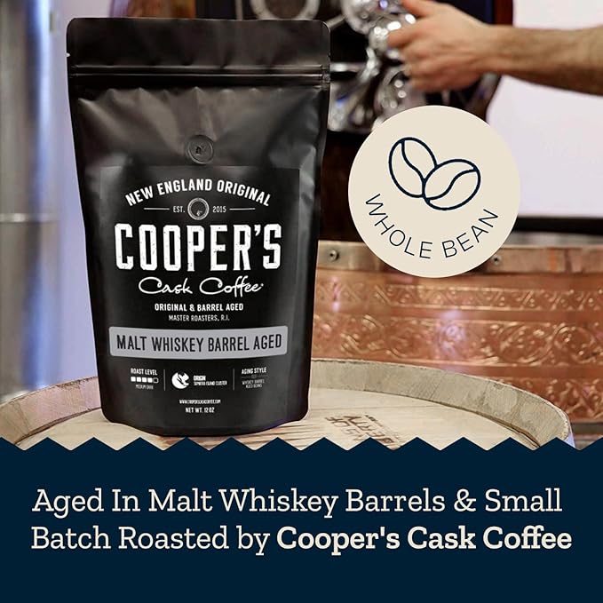 Whiskey Barrel Aged Coffee Single-Origin Sumatra Beans Aged in American Malt Whiskey Barrels Medium Dark Roast Whole Bean 12 oz
