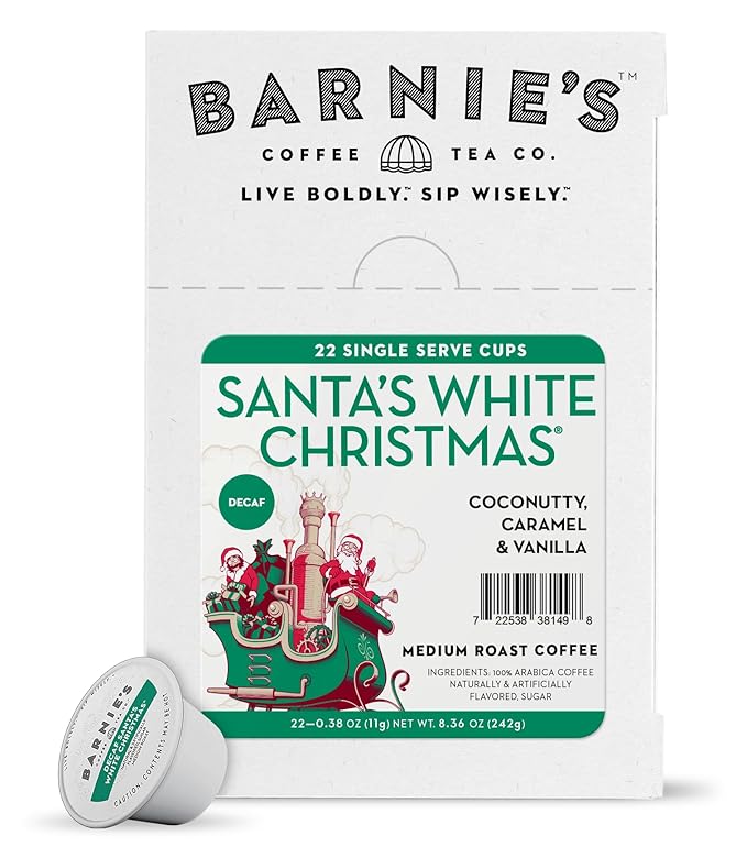 BARNIE'S COFFEE TEA CO. Single Serve K cups for Keurig Brewers Medium Roast Arabica Coffe Beans Decaf Santa's White Christmas 22 Count