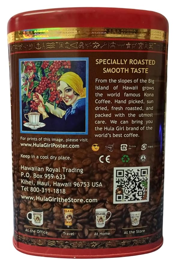 HULA GIRL 100% KONA Roasted Arabica Ground Coffee Light Roast Net Wt. 10.5 Ounce (0.66Lb) 300 Grams Collector Tin