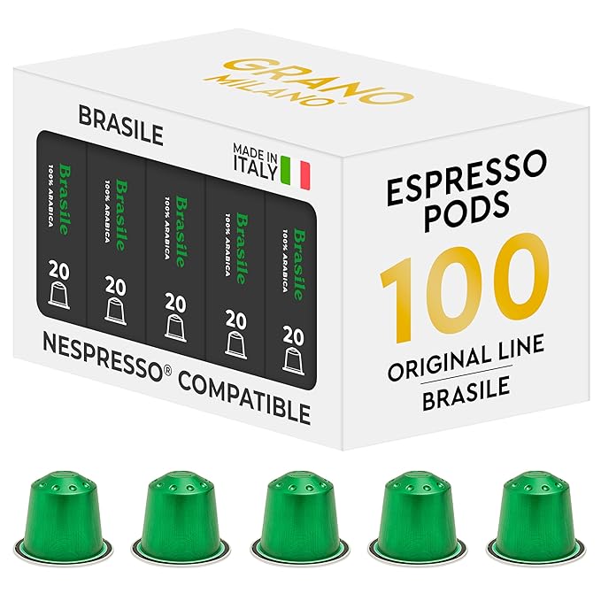 Grano Milano Brasile Coffee Capsules - 100 Aluminum Coffee Pods Compatible with Nespresso Original line100% Arabica Medium Roast - Intensity 7/12 Made in Italy