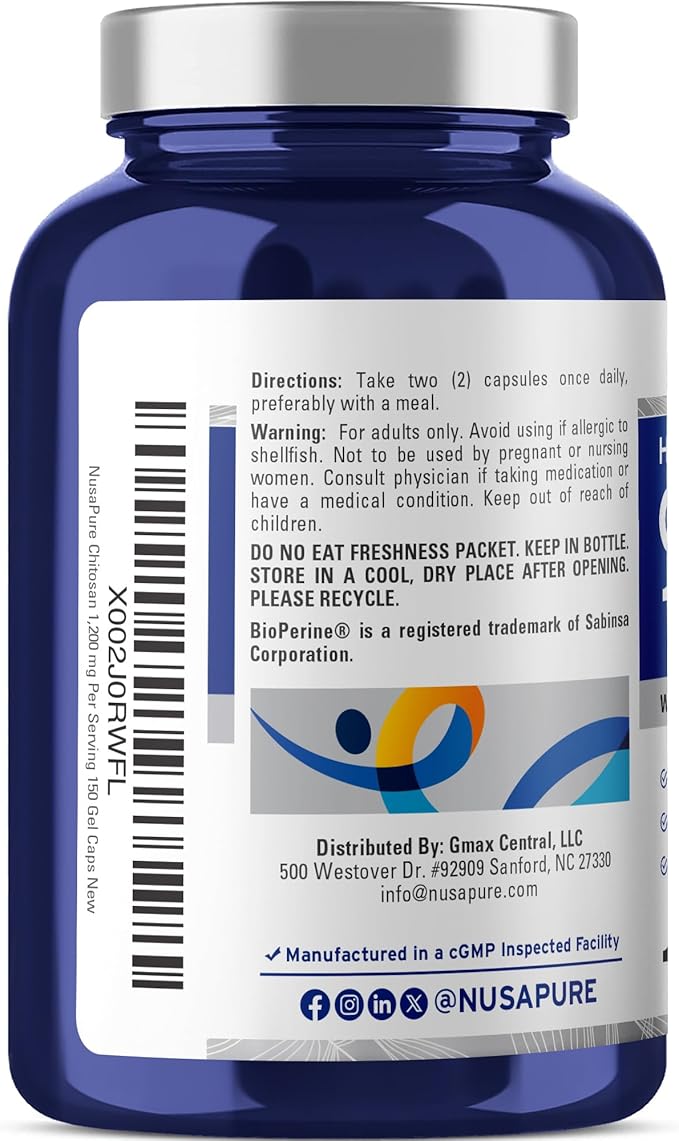 NusaPure Chitosan 1200mg 150 Caps (Non-GMO &amp Soyfree) with Bioperine