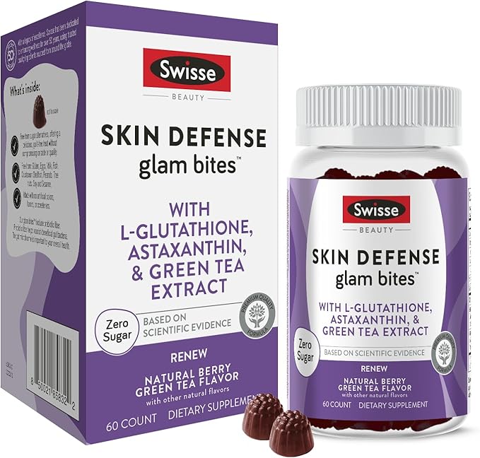 Swisse Skin Defense Glam Bites – Vitamin C L-Glutathione &amp Astaxanthin – Supports Skin Elasticity Moisture &amp Defense Against Environmental Stressors – Zero Sugar Gummies for Adults – 60 Coun
