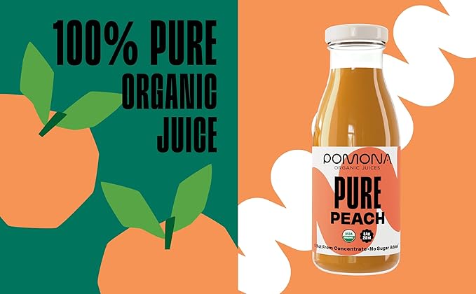 Pomona Organic Peach Juice (Pack of 12) Cold Pressed USDA Organic Juices 100% Peaches No Added Sugar Not From Concentrate Vegan Kosher Non GMO Pasteurized 8.4 oz Glass Bottles