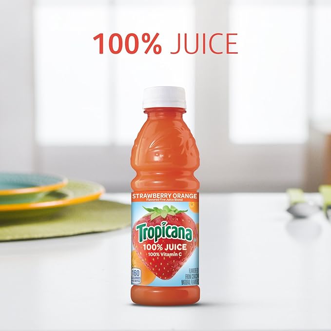 Tropicana 100% Strawberry Orange Juice Single Serve 10 Fl Oz Bottles (Pack of 15) - Real Fruit Juice Vitamin C B &amp E Rich No Added Sugars No Artificial Flavors