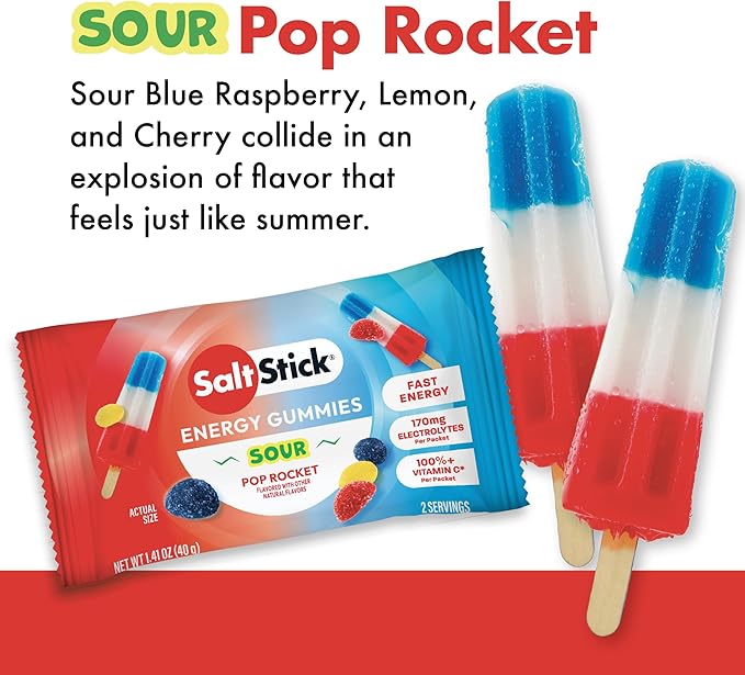 SaltStick Energy Gummies with Electrolytes Sour Pop Rocket Easy to Chew Electrolyte Gummy Energy Chews That Taste Great. 10 Packs 80 Gummies