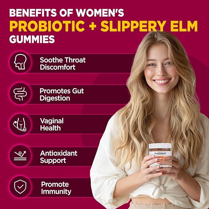 Slippery Elm for Women Gummies Organic Slippery Elm Bark Extract with Probiotics Sea Buckthorn L-Glutamine for Gut &amp Digestive Health Throat &amp Respiratory Support Sugar Free Vegan 60 Gu
