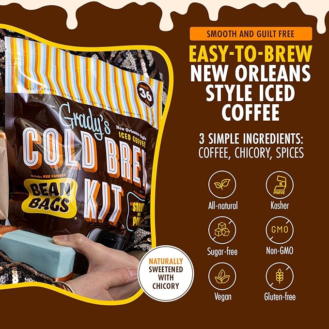 GRADY’S COLD BREW New Orleans Style 100% Arabica Ground Coffee &amp Chicory Pouches 2 All-in-One Cold Brew Kits each with 12 Easy-to-Brew Beans Bags Makes 72 drinks
