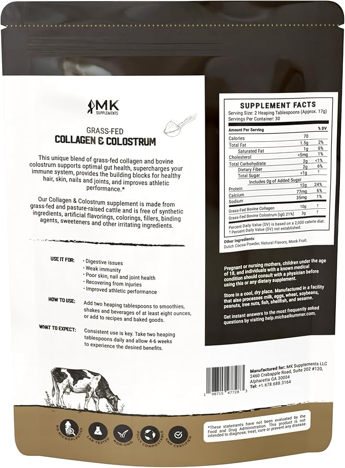 MK Supplements Collagen &amp Colostrum – Grass-Fed Collagen Peptides &amp Colostrum Powder for Hair Nail Skin Bone &amp Joint Health Chocolate Flavor + Monk Fruit