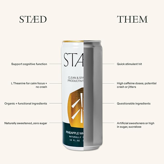 Drink Staed Pineapple White Peach Productivity Drink Sparkling Functional Beverage 12-Pack – With Cognizin® Citicoline &amp L-Theanine Organic Clean Caffeine Healthy Energy Drink