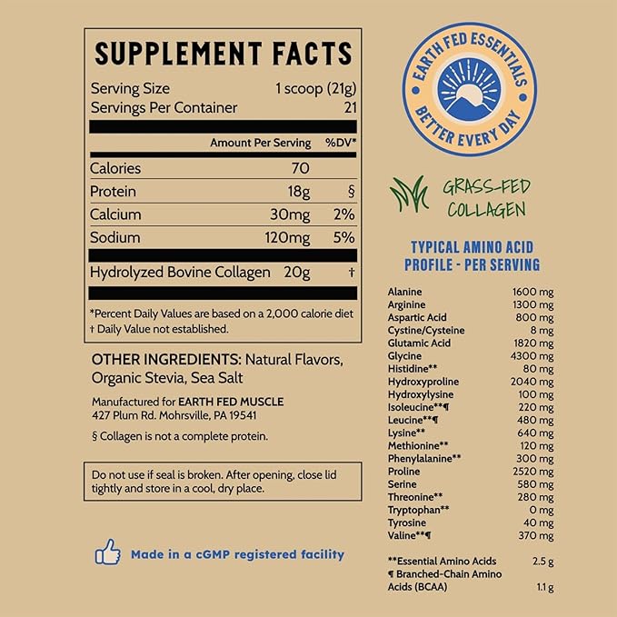 Earth Fed Muscle Grass Fed Collagen Peptides Powder Vanilla - Hydrolyzed Multi Collagen Types I and III for Hair Skin Nails Joints - Keto Paleo Protein Supplement for Women&ampMen (21 Servings Vanil