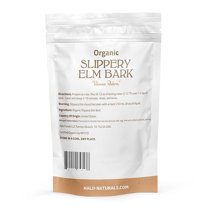 Halo Naturals Organic Slippery Elm Bark Cut 4 Ounces (Ulmus rubra) USDA Certified | Resealable Pouch| Packaged in The USA (Pack of 2)