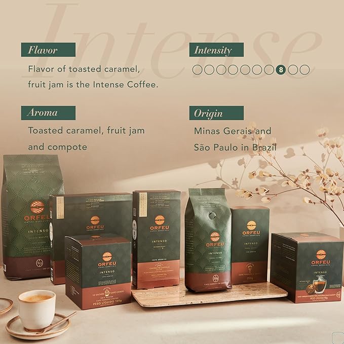 ORFEU - Special Coffee Intense - 100% Arabica Coffee Dark Roast Ground &amp Roasted Aroma of Toasted Caramel &amp Fruit Jam Low Acidity Made In Brazil Velvety Body - 250g (8.8oz)