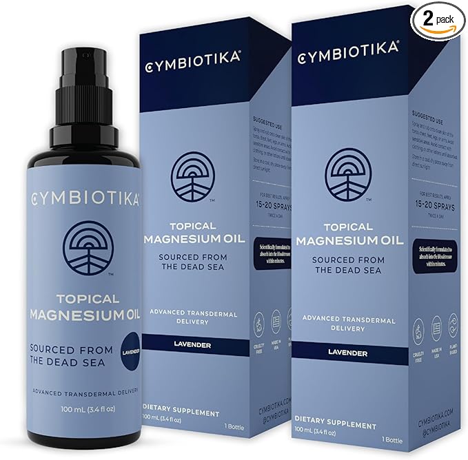 CYMBIOTIKA Topical Magnesium Oil Spray for Body USA Made Supplement for Leg Cramps Muscle Joint Health &amp Sleep Support Includes Magnesium Chloride Lavender Extract Aloe Vera 2pck (6.8 fl o