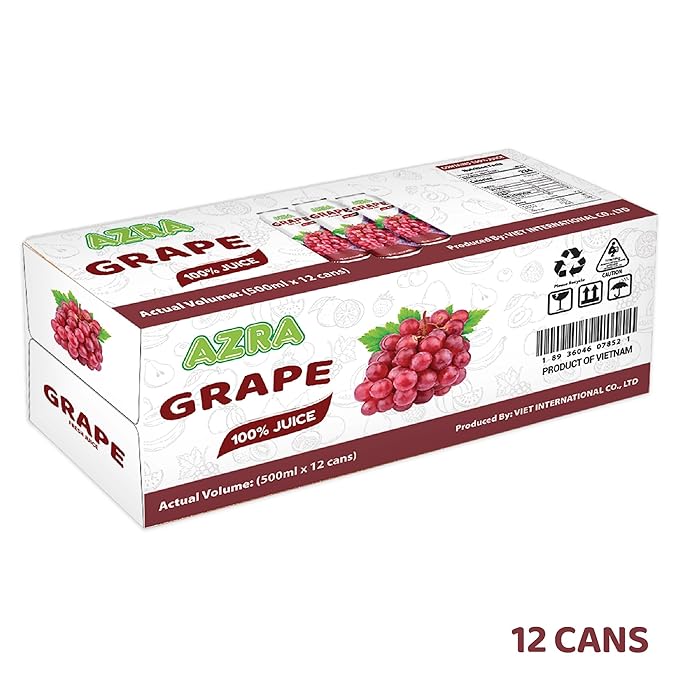 AZRA 100% Grape Juice – Fresh Red Grape Juice in 500ml Cans – Zero Sugar Juice Fruit Juice Variety Pack for Kids and Adults – Healthy Drinks Bulk 100% Juice 12 Pack