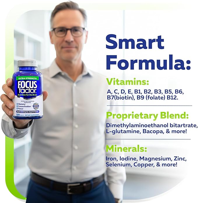 Focus Factor Adults Extra Strength 120 Count - Brain Supplement for Memory Concentration and Focus - Complete Multivitamin with DMAE Vitamin D DHA - Trusted Health Vitamins (Pack of 2)