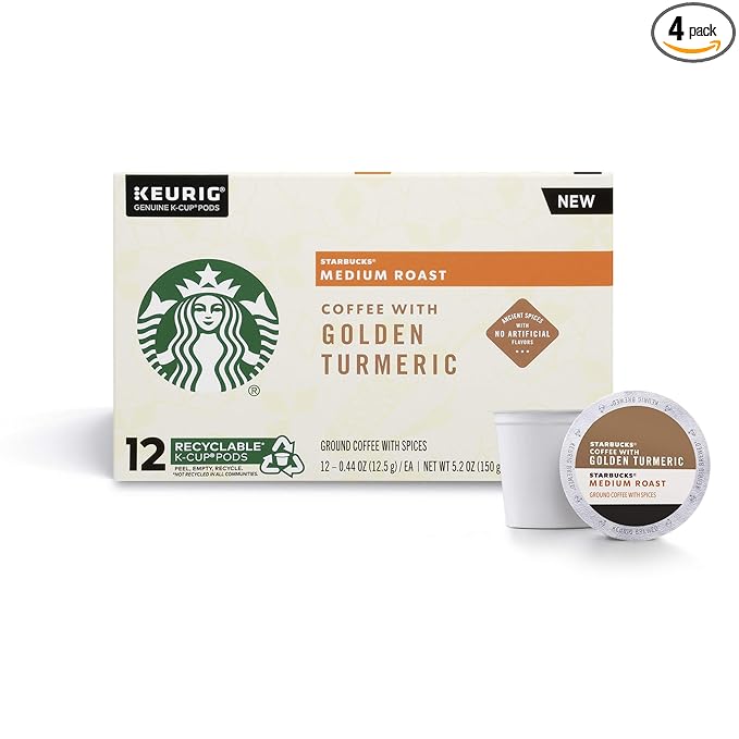 Starbucks Medium Roast K-Cup Coffee Pods with Golden Turmeric — for Keurig Brewers — 4 boxes (48 pods total)
