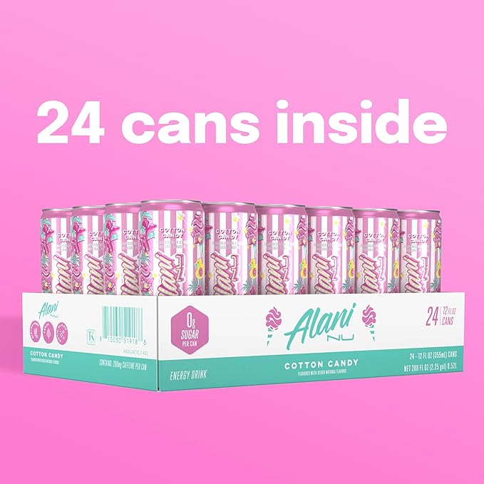 Alani Nu COTTON CANDY Sugar Free Low Calorie Energy Drinks 200mg Caffeine Biotin B Vitamins Zero Sugar 10 Calories 12 Fl Oz Cans 24 Pack