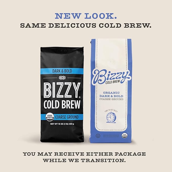 Bizzy Organic Cold Brew Coffee | Bundle | Coarse Ground Coffee | Dark &amp Bold 1 LB + Smooth &amp Sweet Pitcher Pack 12-count | 2 Pack