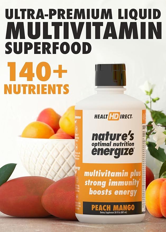 HEALTH DIRECT - Nature's Optimal Nutrition Energize Liquid Multivitamin Superfood - 140+ Nutrients - Mental Clarity &amp Energy - Immune &amp Cardiovascular Support – 30 Servings – Peach Mango