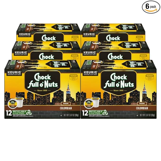 Chock Full o' Nuts Colombian Keurig K-Cup Pods for Keurig Brewers – Premium Arabica Medium Roast – Single Serve – 6 Packs of 12 K-Cup Pods