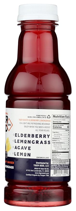 Tiger Seed Elderberry Lemongrass - Pack (12) 16 fl oz Bottles - All Natural Hydration - Plant BasedVegan Organic Kosher