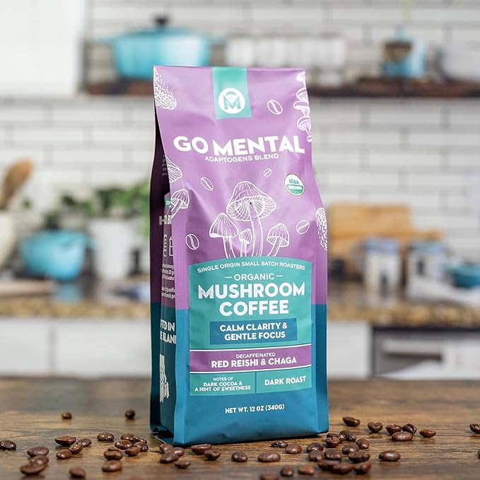 Organic Mushroom Decaffeinated Coffee Dark Roast Swiss Water Water Process Red Reishi &amp Chaga Decaf for Calm and Relaxed Focus Grade 1 Single Origin Peruvian 12oz - Ground (2 Pack)