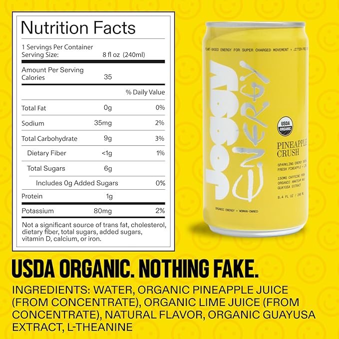 Joggy Energy Drink | Pineapple Crush 12pk (8.4oz) | USDA Organic No Added Sugar Plant-Based Energy with Juice &amp Natural Caffeine + L-Theanine | Pre-Workout Focus Drink | No Jitters Vegan Glute