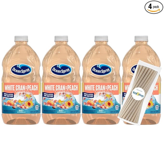 Ocean Spray White Cran Peach Juice Drink 64 fl oz Plastic Bottles 4 Pack + 15 Sugarcane Disposable Straws by KOOL8SHOP Infinite Deals