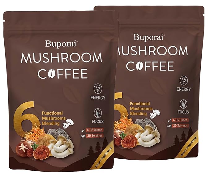 Mushroom Coffee Instant Mushroom Coffee with 6 Mushrooms Lion’s Mane Cordyceps Turkey Tail &amp Other for Energy Focus Digestion Immunity 30 Servings (2 Pack)