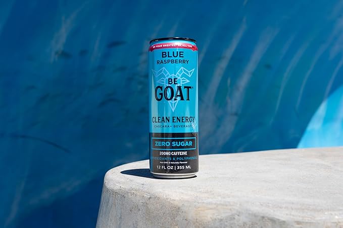 BeGOAT Clean Energy | Blue Raspberry Zero Sugar | 6 Ingredients Plant-Based Zero Sugar Non-GMO Vegan | 200mg Natural Caffeine | 12 fl oz Cans (Pack of 12)