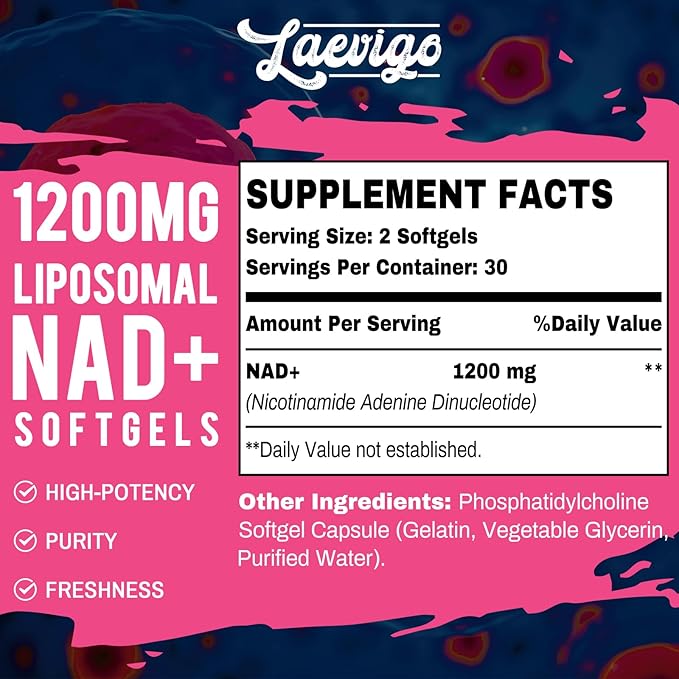 Liposomal NAD+ Supplement 1200mg High Absorption Cellular Energy &amp Mitochondrial Support NAD Plus for Longevity &amp Vitality Anti-Aging Formula 120 Softgels